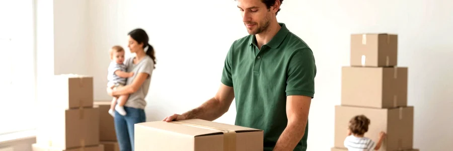 Déménageur en tenue verte remet un carton à une jeune mère et ses enfants dans un appartement