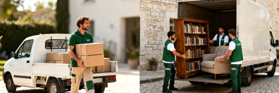 Déménageur seul avec quelques cartons à gauche, équipe de trois pros manœuvrant grands meubles