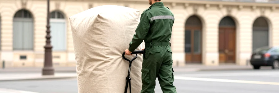 Déménageur en tenue vert bouteille guide une armoire suspendue sur monte-meuble en façade