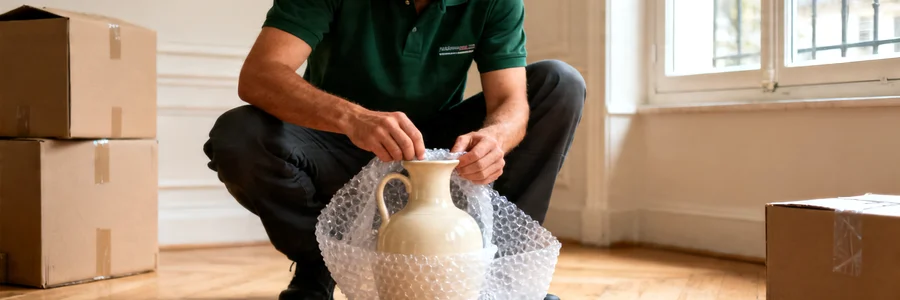 Emballage soigné par un pro du déménagement Pro du déménagement emballant avec soin un objet fragile avant transport — geste précis et assuré