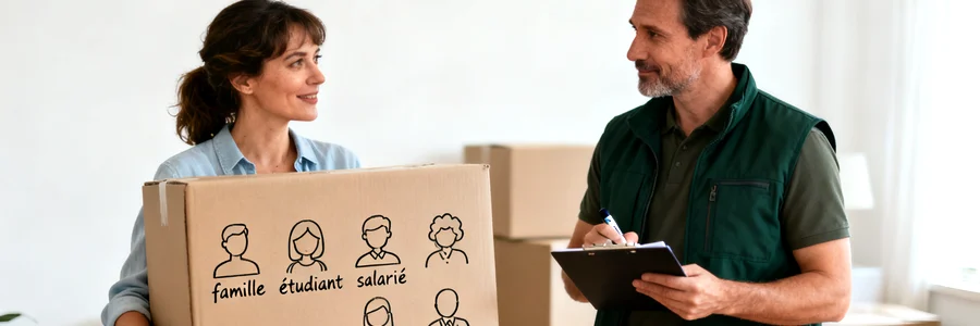 Femme tenant un carton illustré de profils variés, déménageur consultant un document