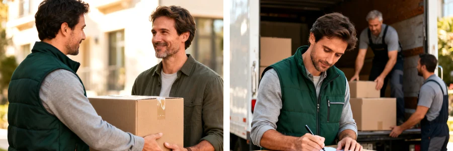 Salarié qui reçoit un carton et signe une prise en charge, deux déménageurs actifs