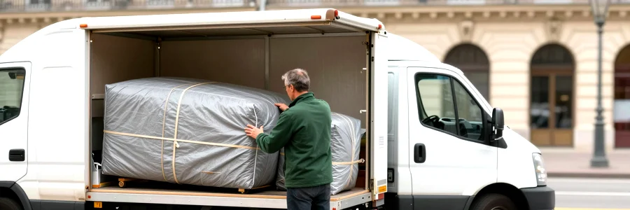 Déménageur sanglant un réfrigérateur au hayon du camion