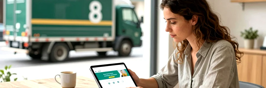 Femme consultant des portails officiels sur tablette, documents administratifs posés sur table