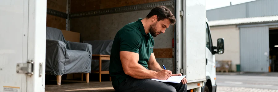 Déménageur professionnel vérifiant un contrat avant chargement du camion