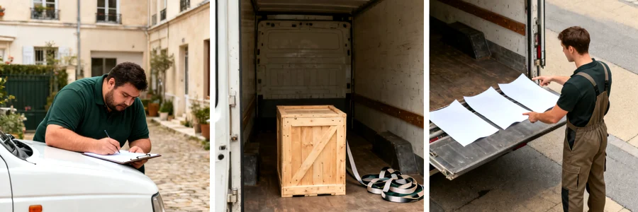 Déménageur comparant plusieurs devis sur le hayon d'un camion blanc