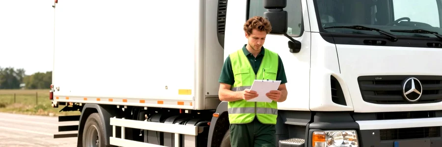 Déménageur en gilet vert bouteille consulte son planning appuyé contre un camion blanc