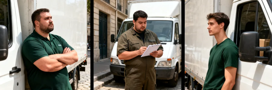 Trois déménageurs pros devant leurs camions blancs en attente de mission