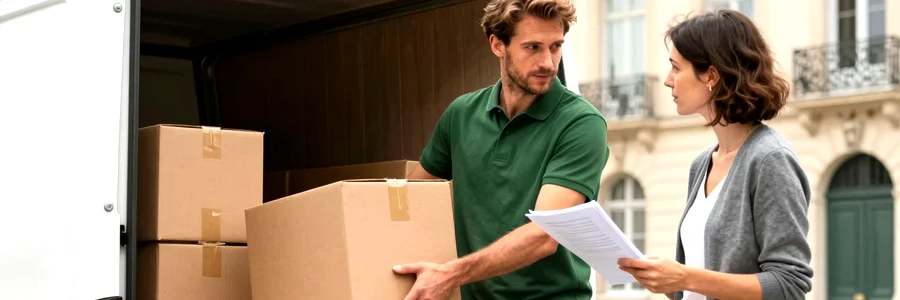 Déménageur chargeant des cartons dans un camion sous le regard attentif d'une cliente vérifiant son
