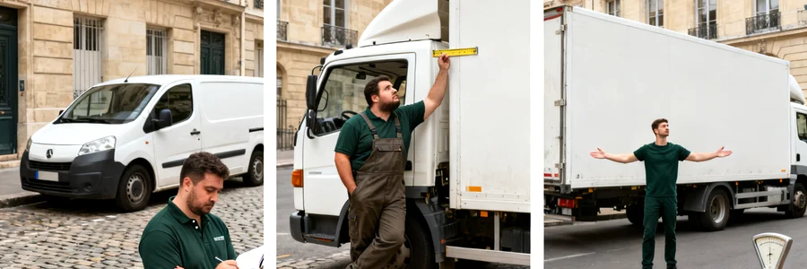 Trois déménageurs pros évaluent des camions de tailles différentes à Paris