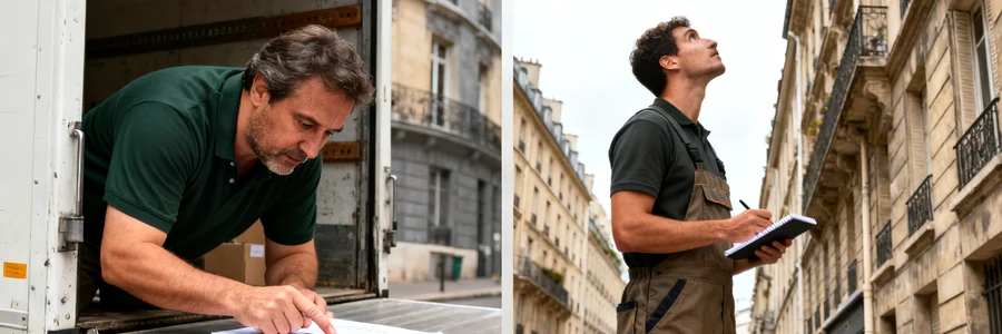 Déménageur vérifiant un devis avant transport de meubles à Paris