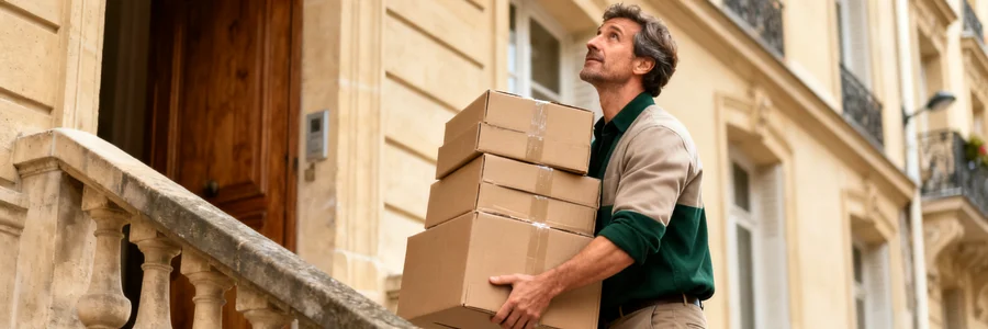 Déménageur montant un escalier avec des cartons empilés