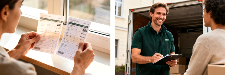 Client comparant deux offres tarifaires, déménageur présentant ses garanties sur clipboard