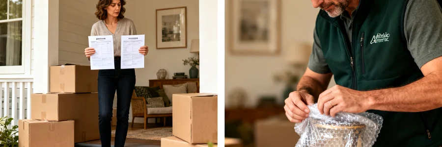 Cliente compare deux offres de déménagement pendant qu'un pro emballe des objets fragiles
