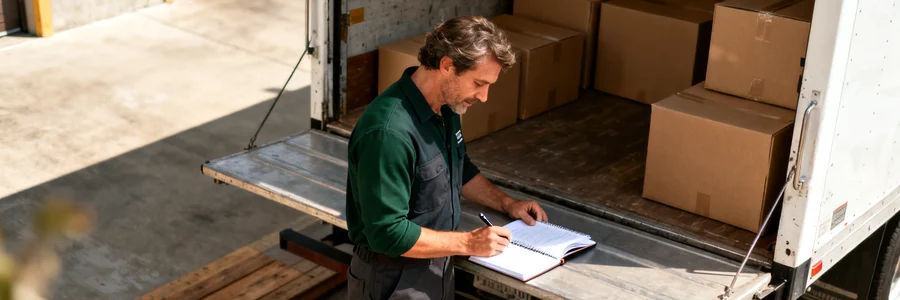 Déménageur consultant un agenda devant son camion chargé