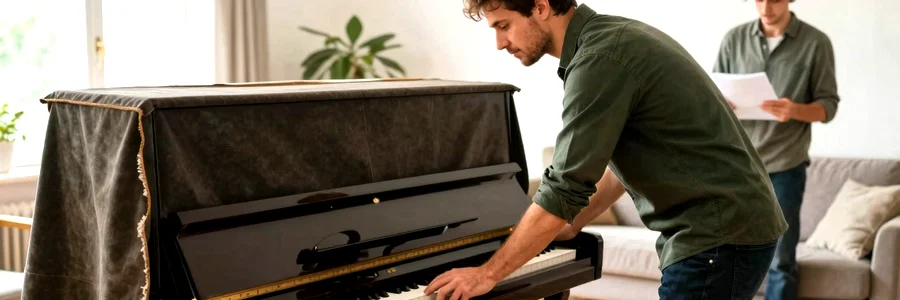 Déménageur protégeant un piano avec couvertures avant chargement sur diable