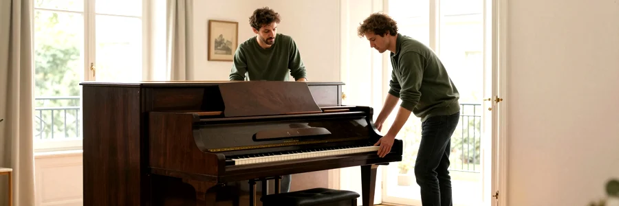 Deux déménageurs spécialisés transportant un piano droit avec un diable renforcé dans un