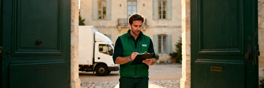 Pro local face aux spécificités du quartier Déménageur pro devant une porte cochère en pierre d'un hôtel particulier aixois