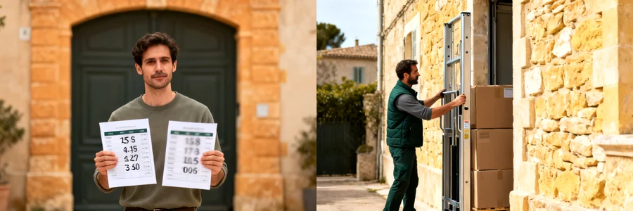 Tarifs et monte-meuble lors d'un déménagement à Client comparant deux offres de tarifs devant une porte cochère en pierre à Aix, monte-meuble