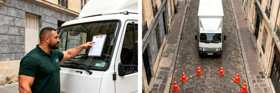 Stationnement autorisé pour déménager dans le Déménageur vérifiant l'autorisation de stationnement sur camion blanc, centre-ville pavé