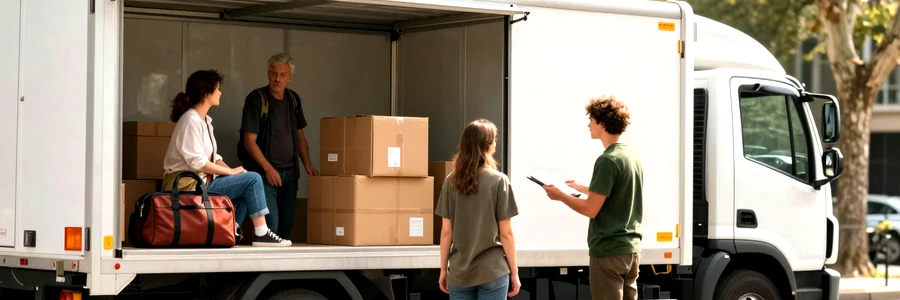 Flux et profils variés au départ vers Déménageur et deux clients au hayon d'un camion blanc, quai de chargement