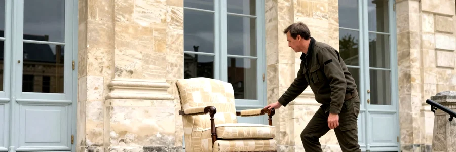 Escalier noble du Mazarin : manœuvre de meuble Deux déménageurs portent un fauteuil dans un escalier en pierre du Mazarin