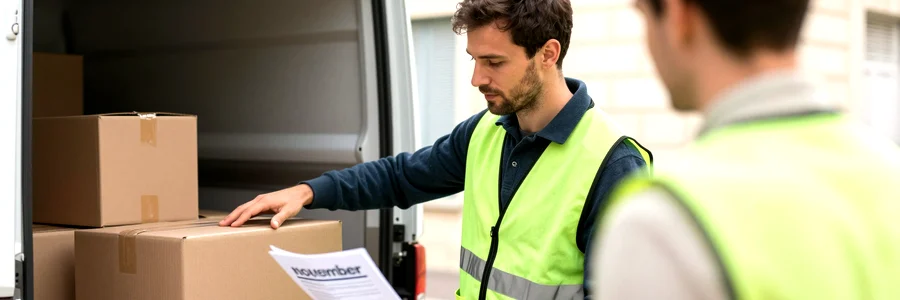 Basse saison pour déménager à moindre coût Déménageur charge un carton en novembre, client détendu, trottoir pavé provençal