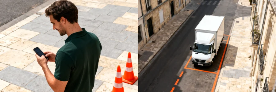 Déménageur girondins consultant son arrêté de stationnement sur smartphone devant un espace balisé