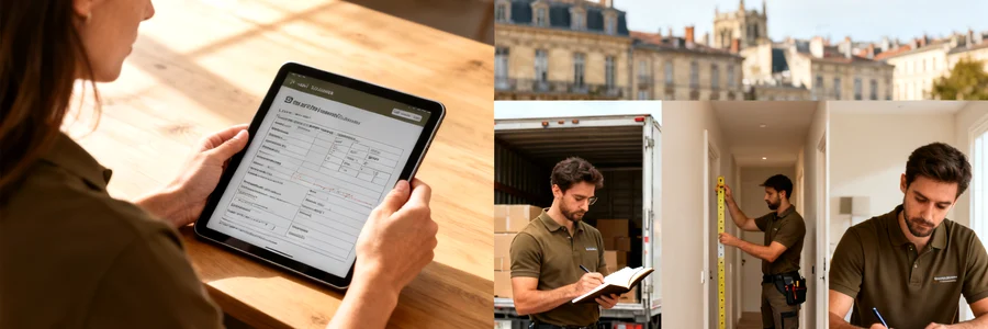 Déménageur bordelais en tenue kaki consulte son carnet avant une prestation — comparaison de devis