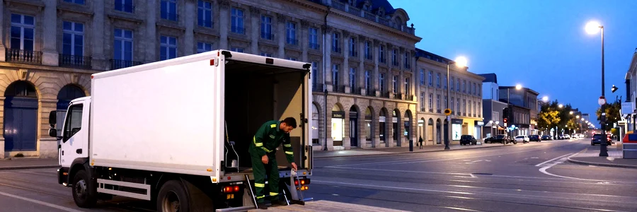 Déménageur pro en tenue vert foncé consulte un plan logistique à l'arrière d'un camion blanc