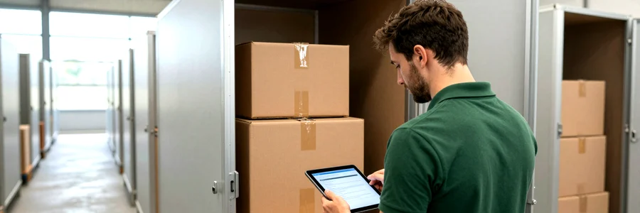 Déménageur girondins vérifiant l'inventaire d'un box de stockage ouvert dans un entrepôt moderne