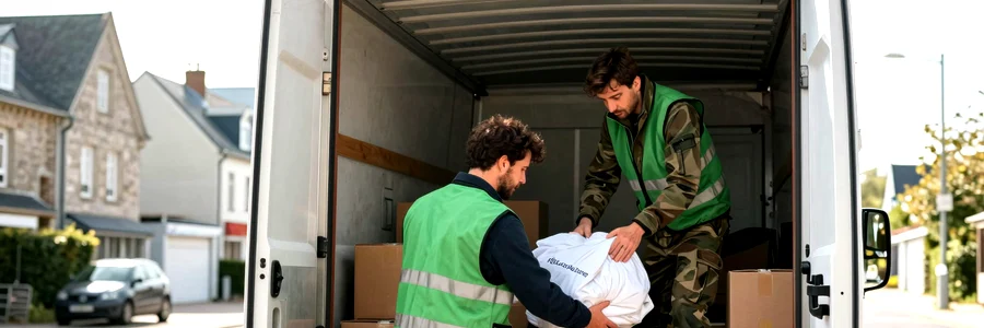 Deux déménageurs organisent cartons et couvertures dans un camion à Brest