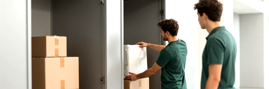 Déménageur ouvrant deux boxes de tailles différentes avec cartons et meuble emballé