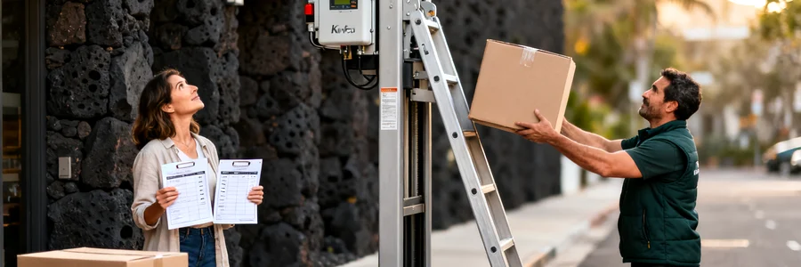 Client comparant les tarifs pendant qu'un déménageur hisse des cartons sur monte-meuble