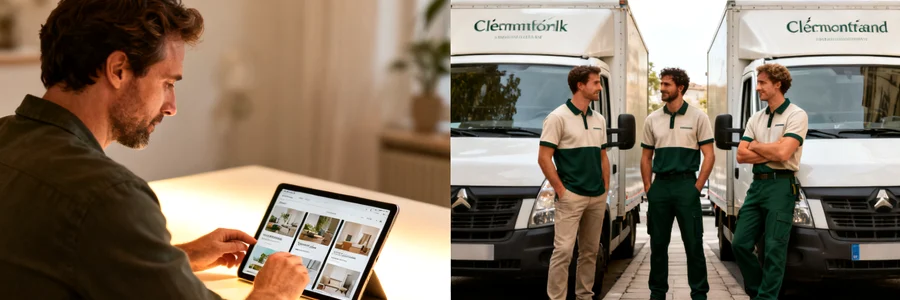 Client comparant plusieurs offres de pros sur tablette, trois déménageurs en attente