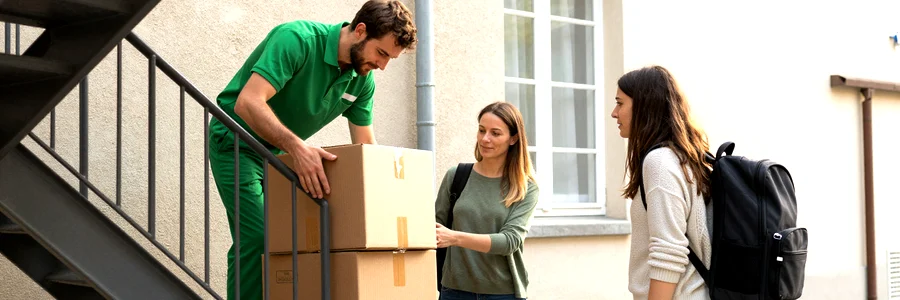 Déménageur empilant des cartons sur un palier pierre, étudiant et cliente en retrait