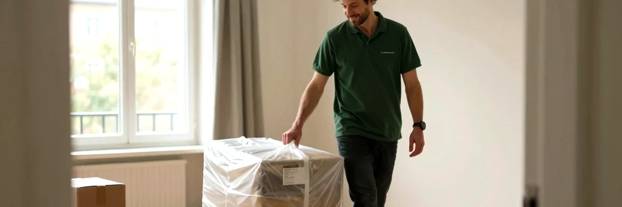 Déménageur avec diable et meuble emballé dans couloir d'appartement vide, client en retrait