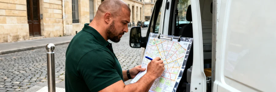 Déménageur professionnel consultant un plan de rue en centre-ville historique
