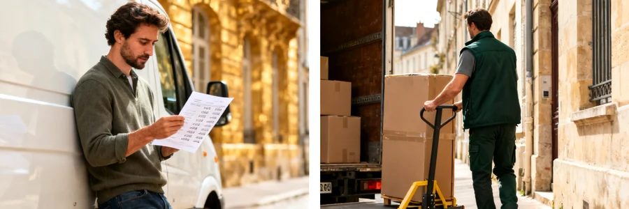Client comparant les tarifs d'un déménagement devant un camion, façade dijonnaise