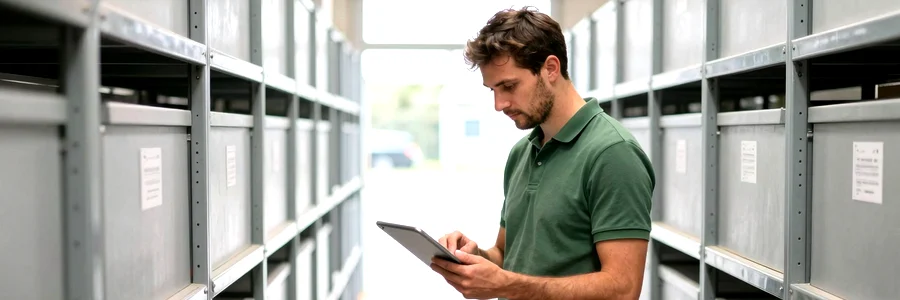 Déménageur professionnel en box de stockage consulte sa tablette devant des meubles emballés