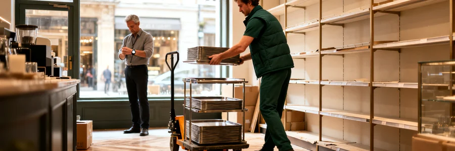 Déménageur transportant un serveur dans une boutique vidée, gérant en arrière-plan