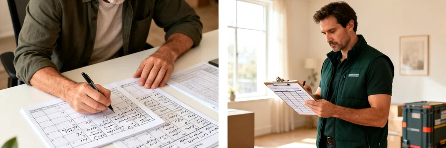 Dirigeant PME planifie un transfert de locaux, déménageur consulte son planning