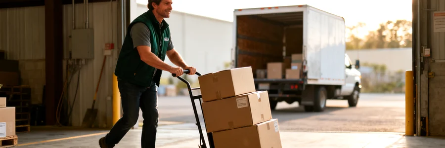 Déménageur sur quai de chargement avec diable et cartons, camion ouvert en fond
