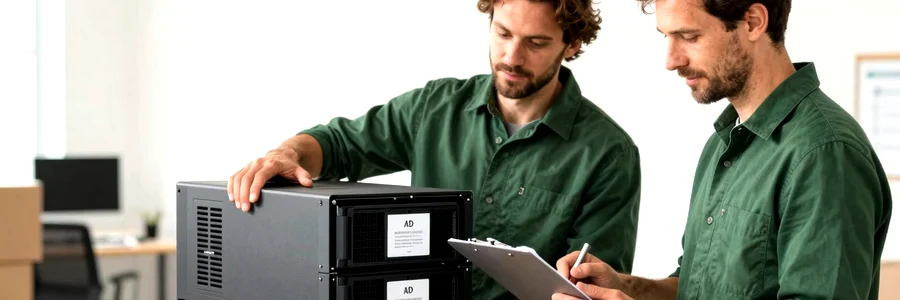Déménageurs portant un serveur et apposant une étiquette lors d'un transfert IT en entreprise