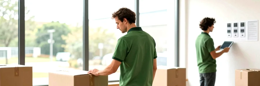 Déménageur manœuvrant un meuble dans de nouveaux locaux pendant qu'un responsable vérifie les