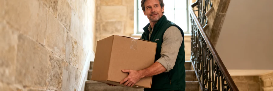 Déménageur portant un carton dans l'escalier en pierre d'un immeuble grenoblois