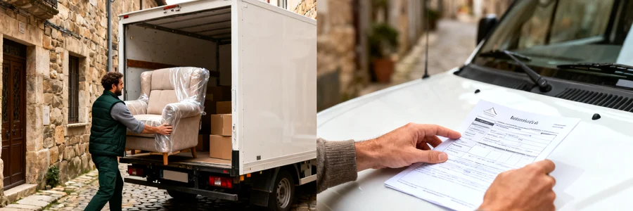 Déménageur déchargeant un meuble en ruelle pavée, document d'autorisation sur capot de camion
