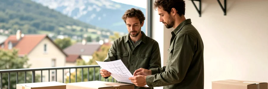 Déménageur et client en cour intérieure, massif de la Chartreuse en arrière-plan