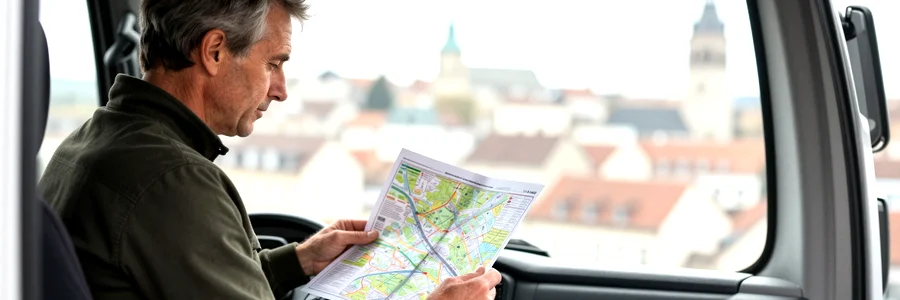 Déménageur en cabine de camion consultant une carte, quartier hivernal grenoblois visible