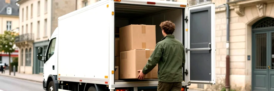 Déménageur chargeant des cartons dans un camion, rue calme de Grenoble hors saison
